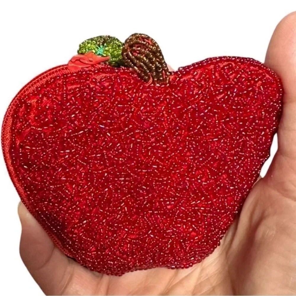 Vintage Apple Coin Purse Red Glass Seed Beads Kitsch Fruit Novelty Zipper Pouch